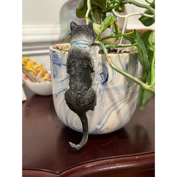Black & White with Blue Collar Adorable Kitty Cat Plant Pot Hanger/Figurine - Picture 2 of 5